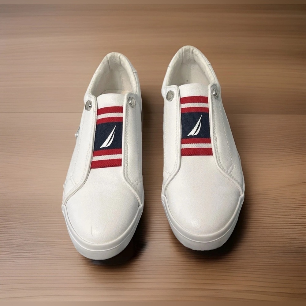 Womens Slip On Sneaker Sz 7.5 Nautica Casual Red White Blue Sail Boat Preppy